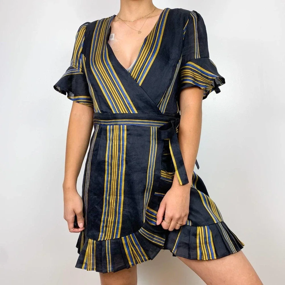 Honeypunch Lulus Black Striped Short Sleeve Ruffle Wrap Mini Dress Size Medium - Picture 3 of 13